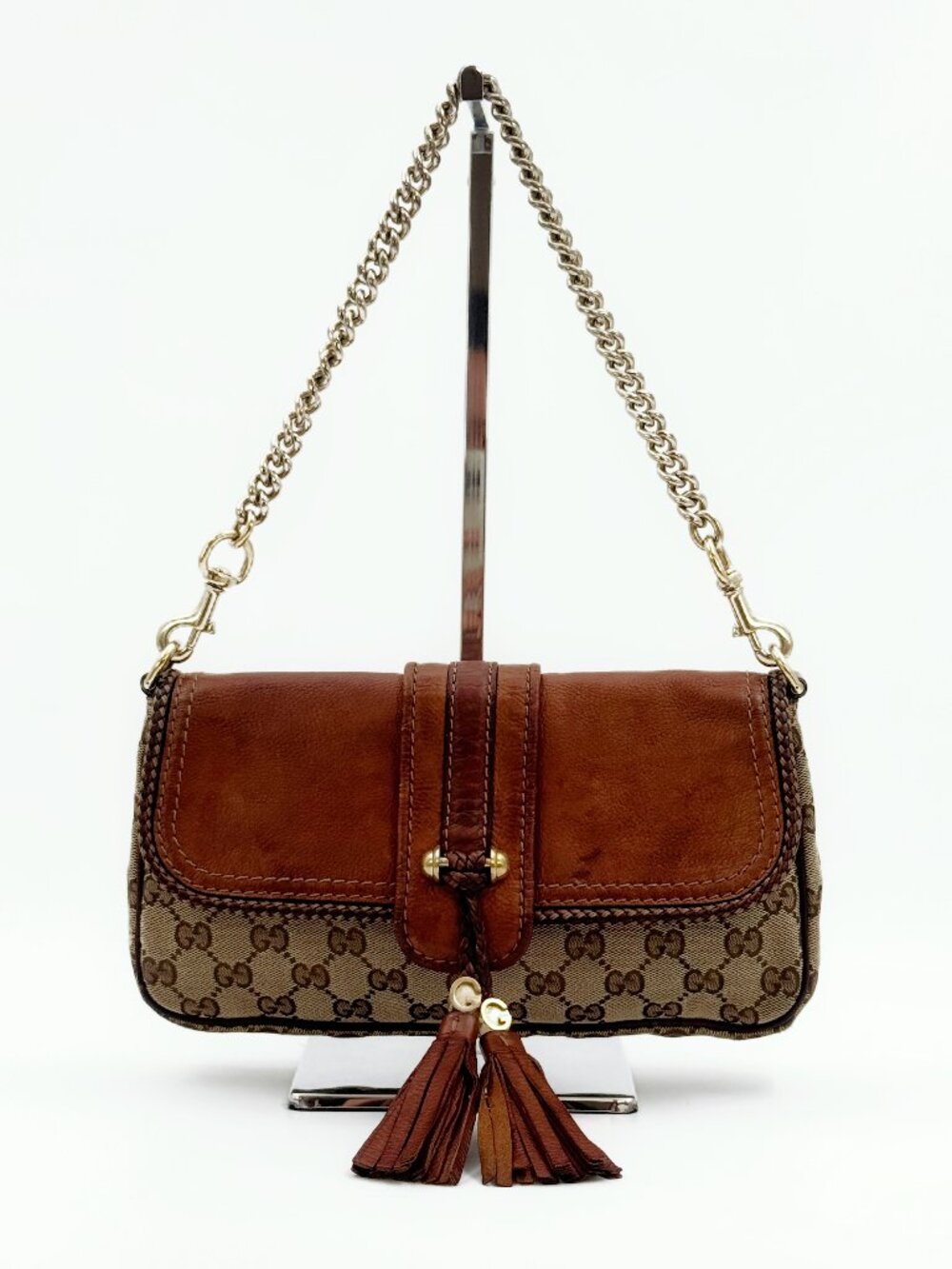Gucci Marrakech GG Canvas Brown Leather Tassel Chain Shoulder Bag